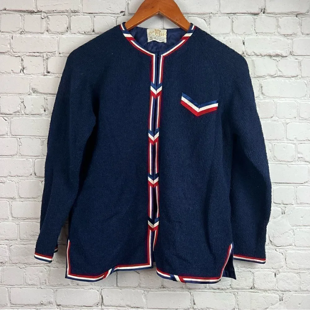 Vintage Cyntotles Americana Patriotic Nautical Cardigan Navy, w/ Red/White Trim